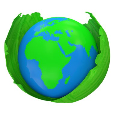 dünya gezegen ve yeşil yapraklar üzerinde beyaz bir arka plan