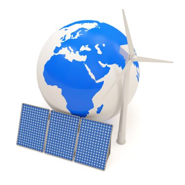 Miniature Globe with Windmill and Solar Panels on white background clipart