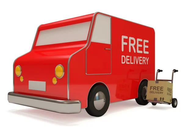 Levering Van en Hand vrachtwagen met een doos op witte achtergrond (gratis levering Concept) — Stockfoto