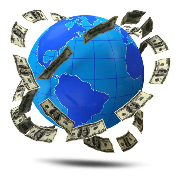 Dollar flyger runt planeten på vit bakgrund — Stockfoto
