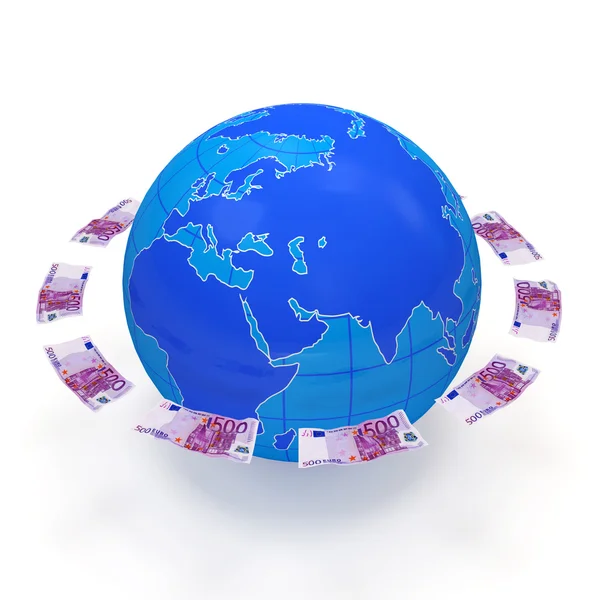 Euro voando ao redor do planeta no fundo branco — Fotografia de Stock