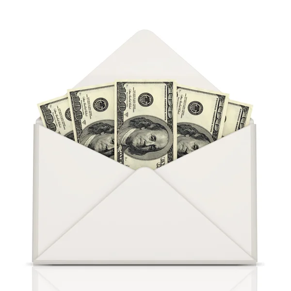 Enveloppe ouverte avec de l'argent sur fond blanc — Photo