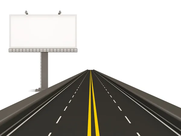 Асфальтированная дорога с пустым билбордом, изолированным на белом фоне — стоковое фото