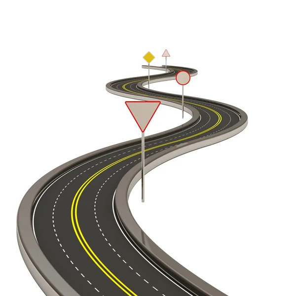 Beyaz arka plan üzerinde izole yol işaretleri olan soyut Asfaltlı yol — Stok fotoğraf