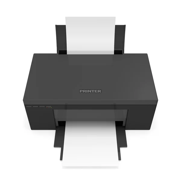 3D svart skrivare med papper isolerad på vit bakgrund — Stockfoto