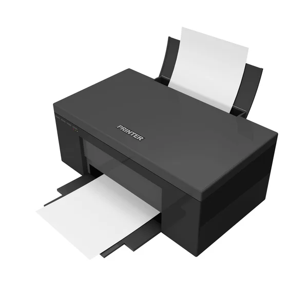 Impresora negra 3d con papel aislado sobre fondo blanco —  Fotos de Stock