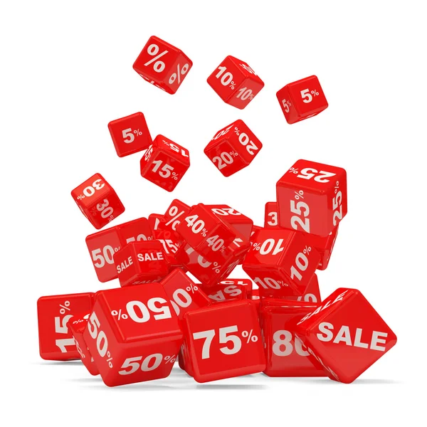 Rabatt kub faller på vit bakgrund (försäljning koncept) — Stockfoto