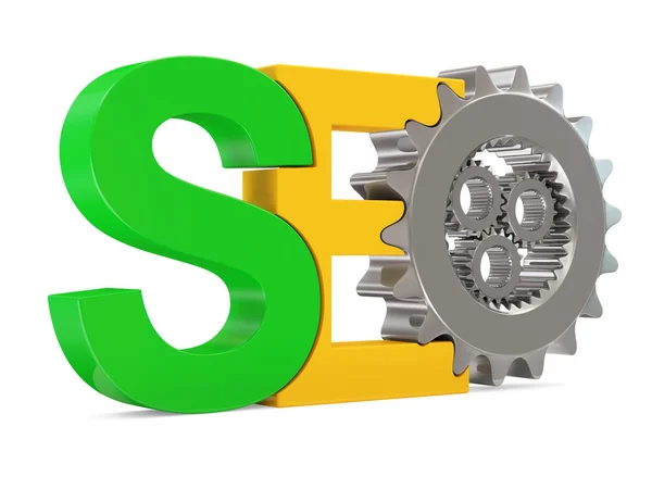SEO - Search Engine Optimization Symbol com engrenagens metálicas em fundo branco — Fotografia de Stock