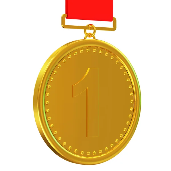 Medaglia d'oro con nastro rosso isolato su sfondo bianco — Foto Stock
