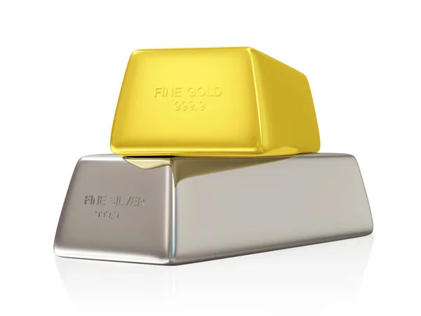 Barras de ouro e prata no fundo branco — Fotografia de Stock