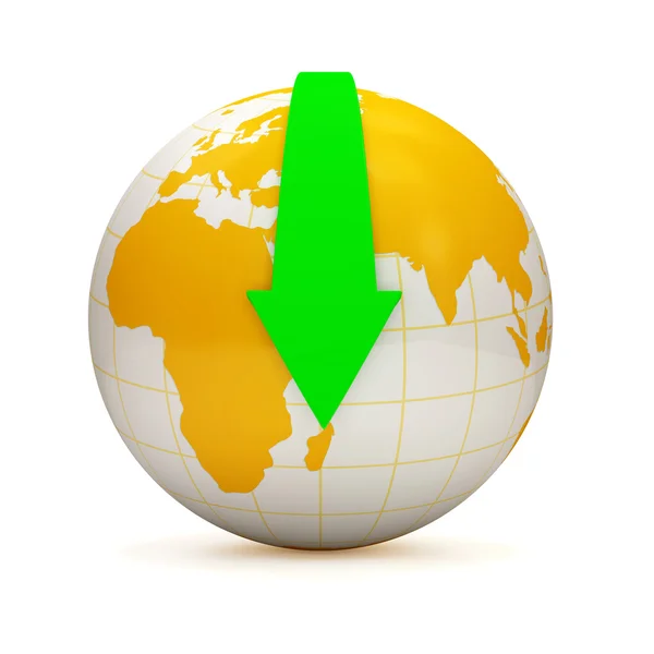 Globus mit Downloadpfeil auf weißem Hintergrund (Downloadkonzept) — Stockfoto