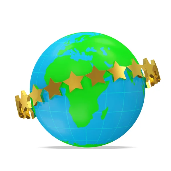 Złote gwiazdy na całym świecie zielone na białym tle — Zdjęcie stockowe