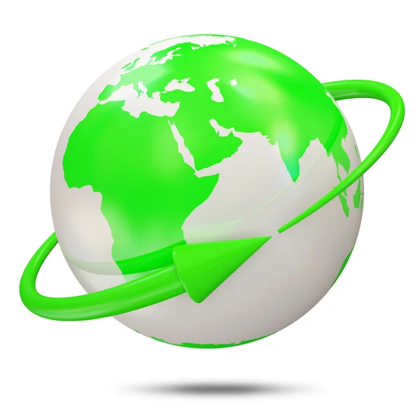 Globo verde com seta verde sobre fundo branco — Fotografia de Stock