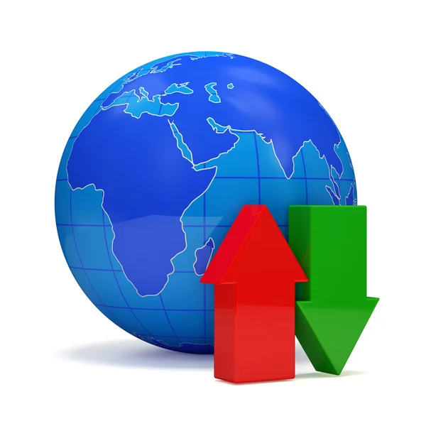 Globus mit Download- und Upload-Pfeilen auf weißem Hintergrund — Stockfoto