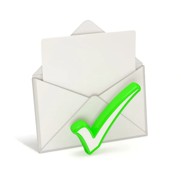 Open envelop en lege brief met check mark op witte achtergrond — Stockfoto