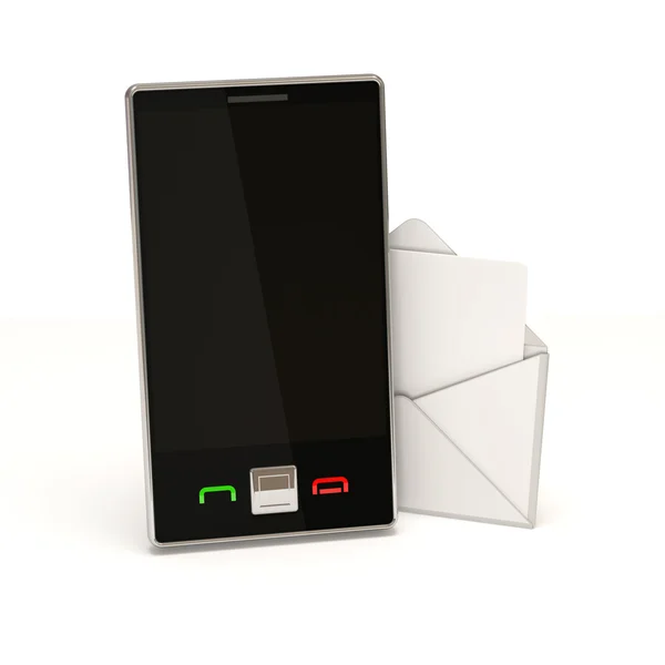 Dispositivo móvil con sobre abierto y letra en blanco sobre fondo blanco —  Fotos de Stock