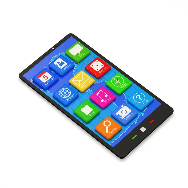 Touchscreen slimme telefoon met programmasymbolen geïsoleerd op witte achtergrond — Stockfoto