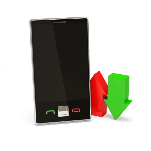 Mobilní zařízení s šipkou zelené a červené na bílém pozadí — Stock fotografie
