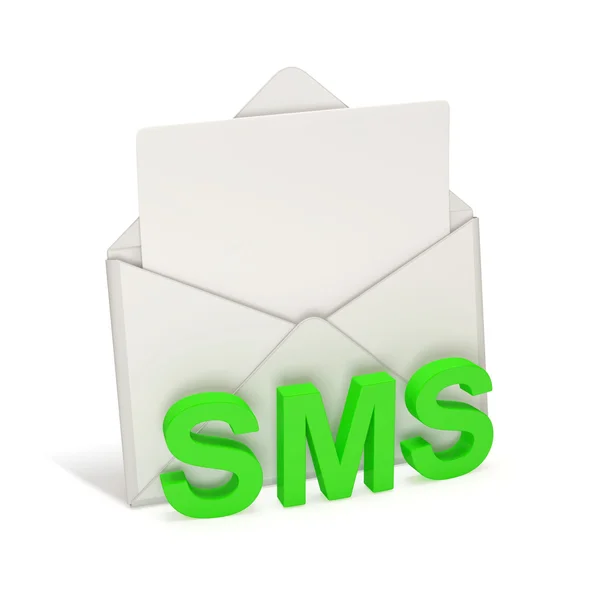 Ouvrir l'enveloppe et la lettre blanche avec du texte SMS sur fond blanc — Photo