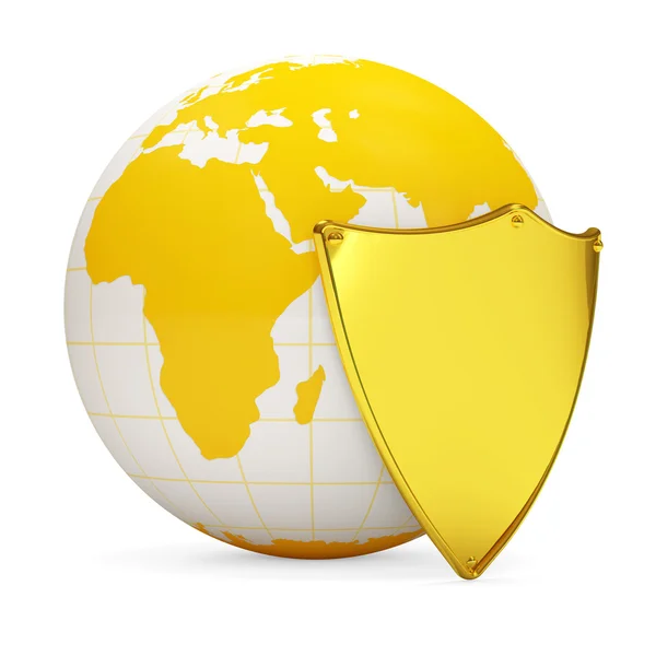 Миниатюрный глобус с золотым щитом на белом фоне — стоковое фото