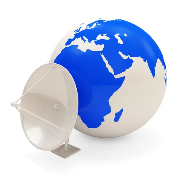 Dish Antenna and Earth Globe isolated on white background — Stock Photo, Image