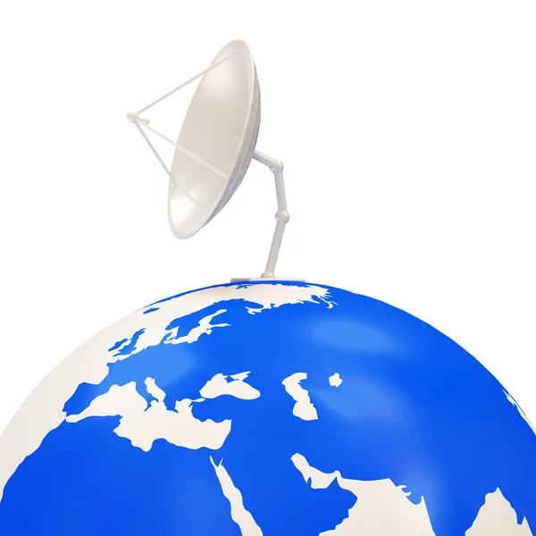 Beyaz arka plan üzerinde izole dünya küre üzerinde çanak anten — Stok fotoğraf