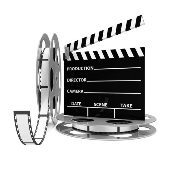 Cinema Clap e Film Rolls isolados sobre fundo branco — Fotografia de Stock