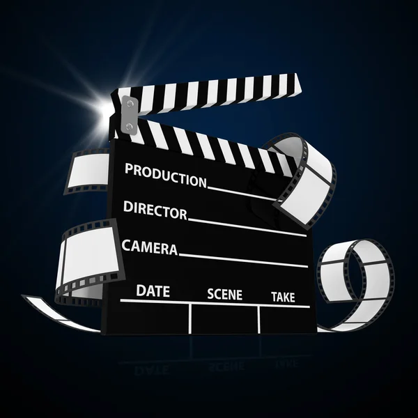 Bioscoop klap met Filmstrip geïsoleerd op zwarte achtergrond — Stockfoto