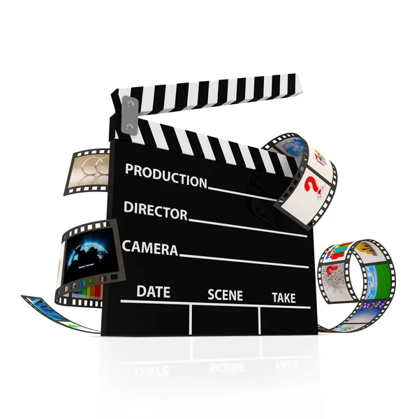 Bioscoop klap met Filmstrip geïsoleerd op witte achtergrond — Stockfoto