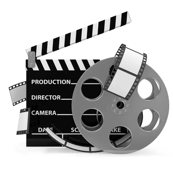 Cinema Clap and Film Roll isolado sobre fundo branco — Fotografia de Stock