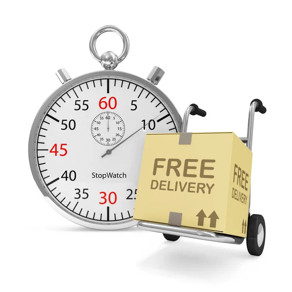 Camion a mano con una scatola e cronometro su sfondo bianco (Express Delivery Concept ) — Foto Stock