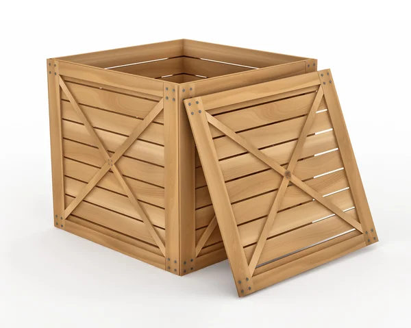 Recipiente de caixa de madeira aberta no fundo branco — Fotografia de Stock