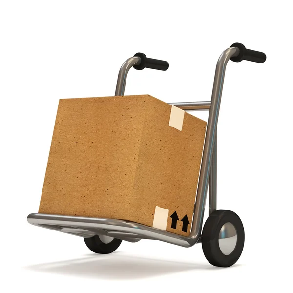 Caminhão de mão com uma caixa no fundo branco (Conceito de entrega ) — Fotografia de Stock
