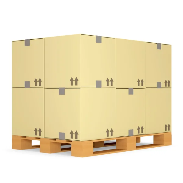 Kartonnen dozen op houten palet geïsoleerd op witte achtergrond — Stockfoto