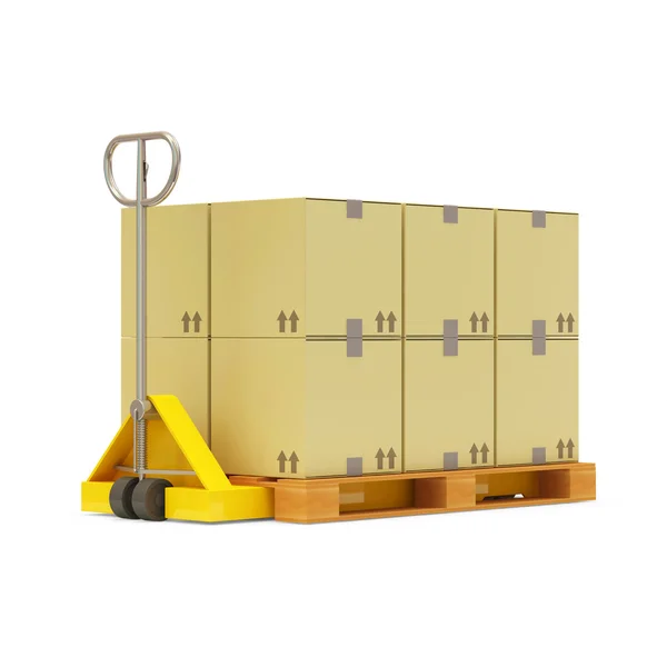 Paletový vozík s krabičkách izolovaných na bílém pozadí — Stock fotografie