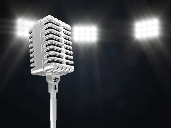 Retro Metallic Microphone on Stage Spotlight with Rays — Stock Photo, Image