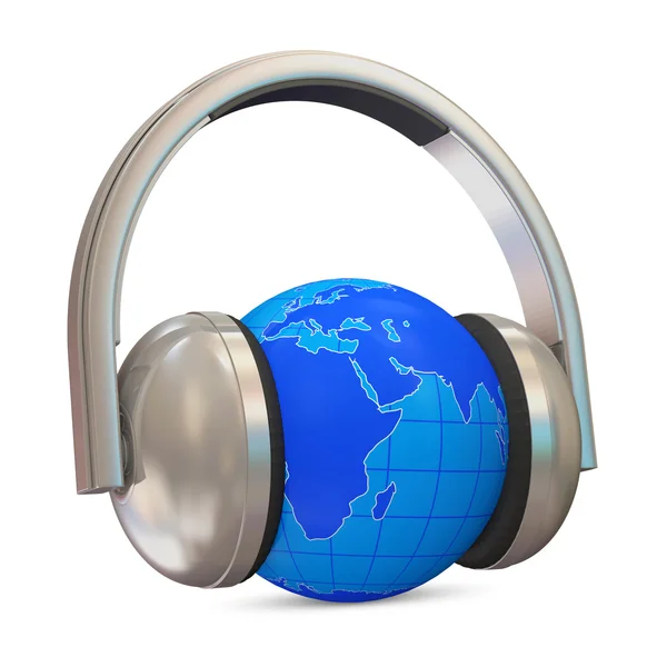 Metal Headphones with Miniature Globe on white background — Stock Photo, Image