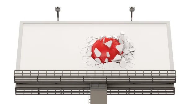 Kaputte Werbetafel mit roter Kugel auf weißem Hintergrund — Stockfoto