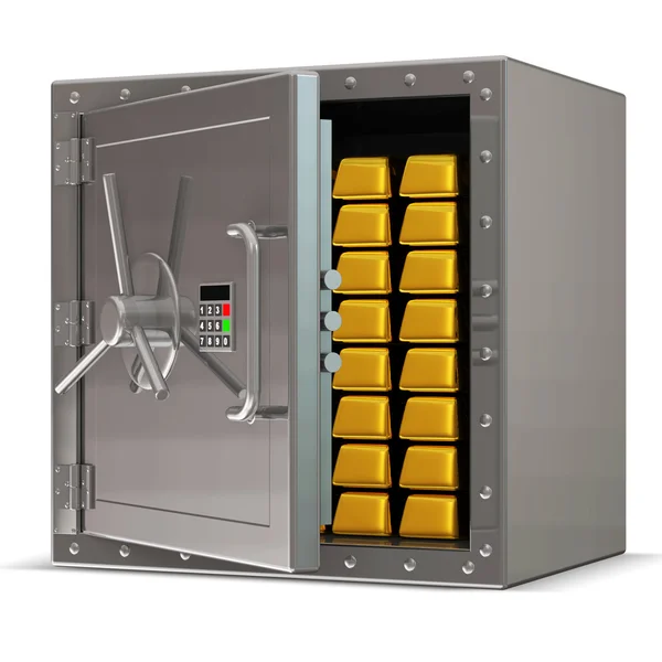 Geöffneter Stahltresor mit elektronischem Schloss und Goldbarren im Inneren — Stockfoto