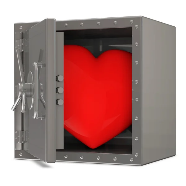 Coffre-fort en acier ouvert avec coeur rouge sur fond blanc — Photo