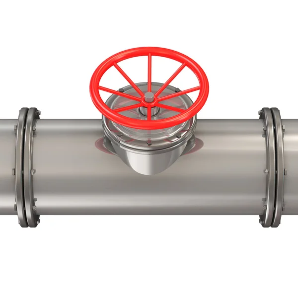 Metall pipeline med röda ventil isolerad på vit bakgrund — Stockfoto