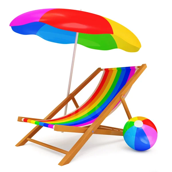 Cadeira de convés com guarda-sol e bola de praia colorida isolada no fundo branco — Fotografia de Stock
