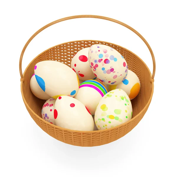Sepette beyaz zemin üzerine izole boyalı Paskalya yumurtaları — Stok fotoğraf