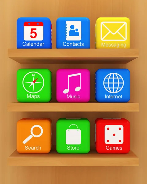 Iconos de aplicación de teléfono inteligente en estante de madera —  Fotos de Stock