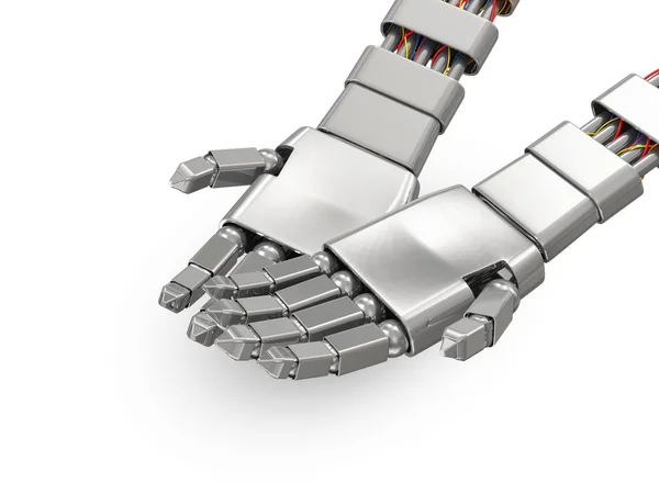 Mãos robóticas de metal com as palmas das mãos isoladas no fundo branco — Fotografia de Stock