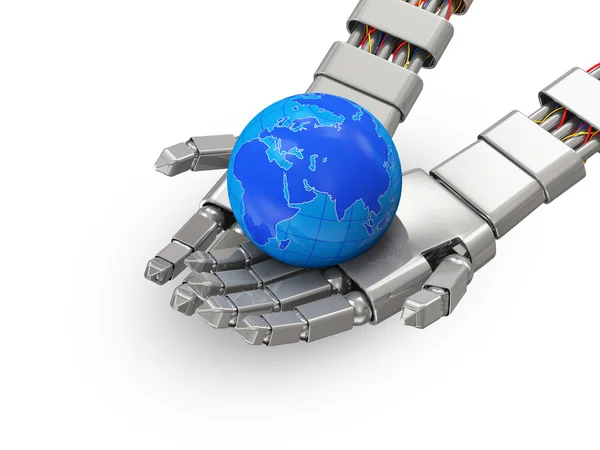 地球全球金属隔离在白色背景上的机器人的手中 — 图库照片