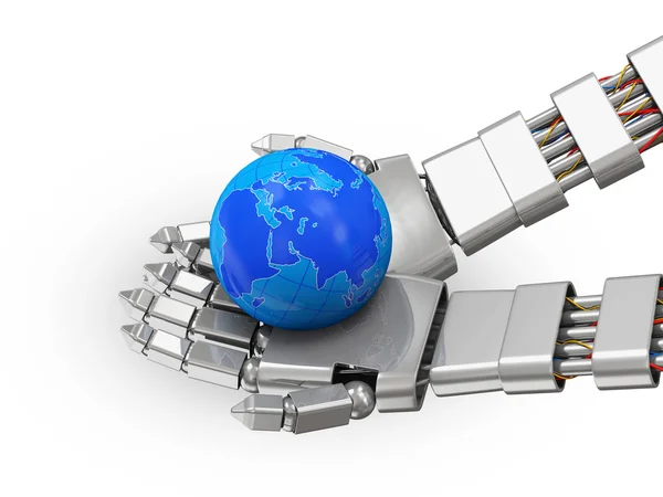 Země světa v kovových rukou robota izolovaných na bílém pozadí — Stock fotografie