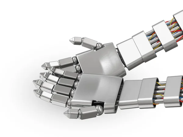 Mani robotiche in metallo con le palme in alto isolate su sfondo bianco — Foto Stock