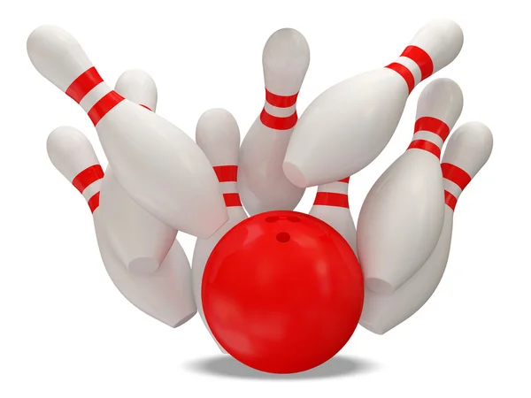 Balle de bowling 3d s'écrasant dans les broches sur fond blanc — Photo
