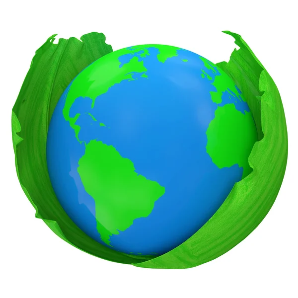 Jorden planet och gröna blad över en vit bakgrund — Stockfoto